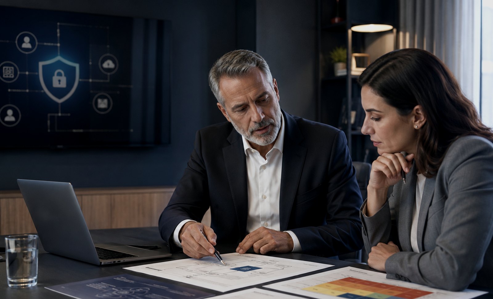 Two senior advisors reviewing a risk assessment with a client