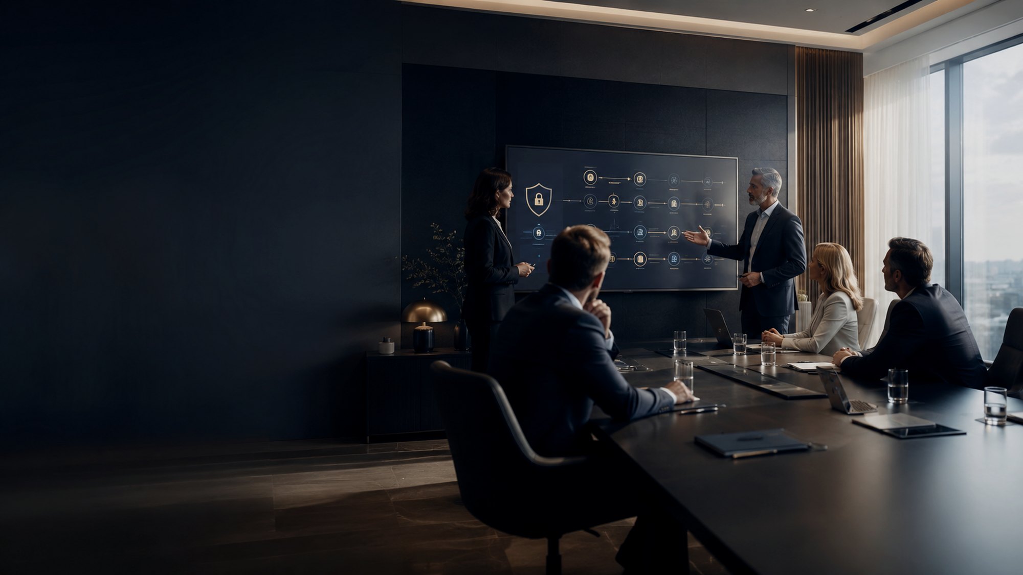 Senior security advisors briefing an executive committee on a control architecture