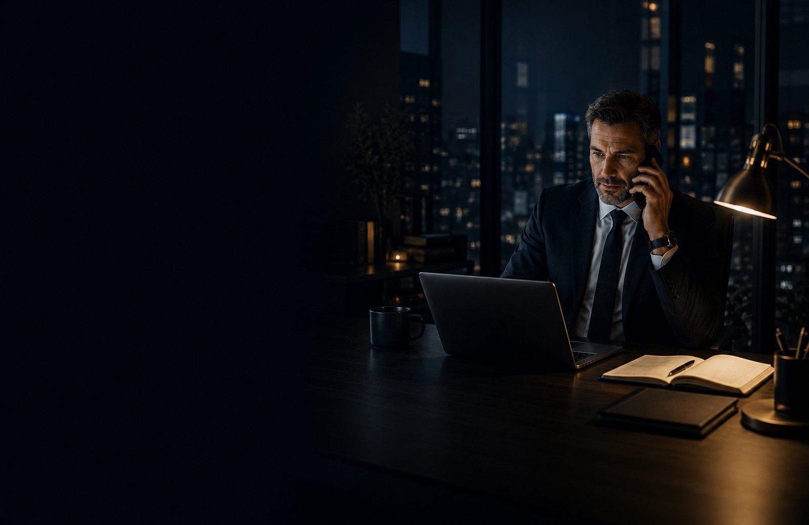An Eshay Advisory advisor taking a client call in the evening