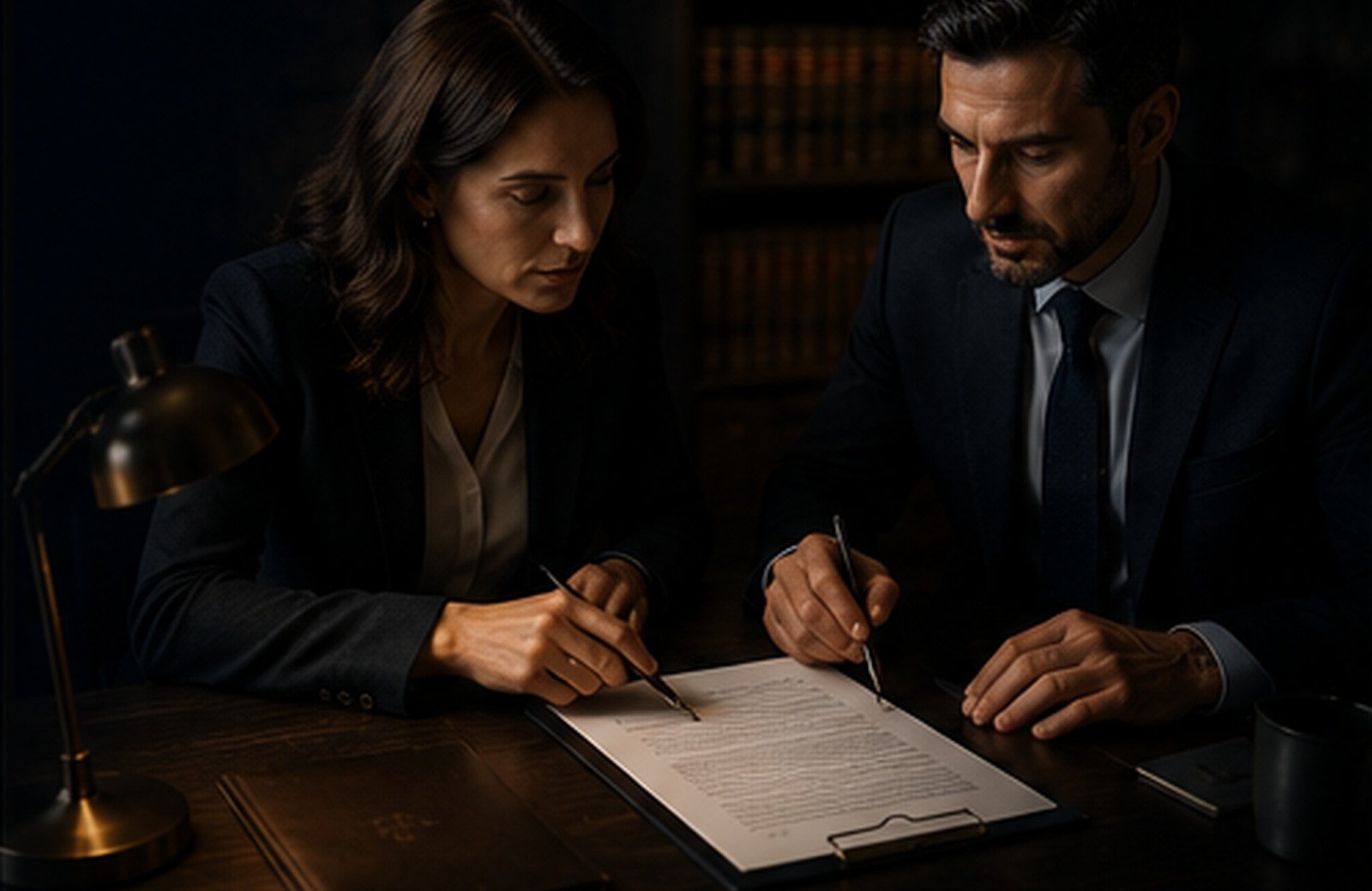 Two advisors reviewing a legal contract at a meeting table
