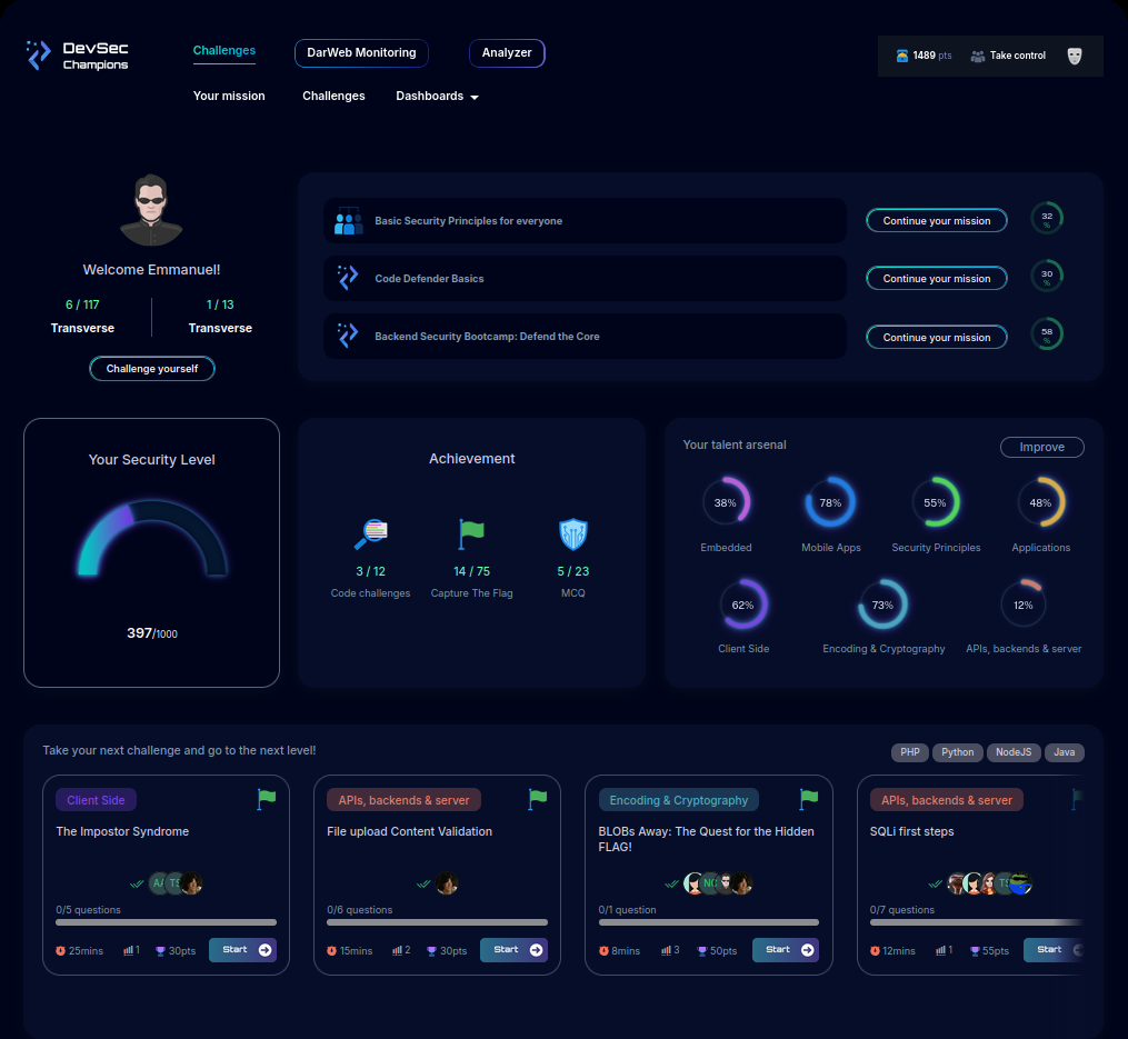 The DevSec Champions learner console: missions, security level, skill arsenal and available challenges